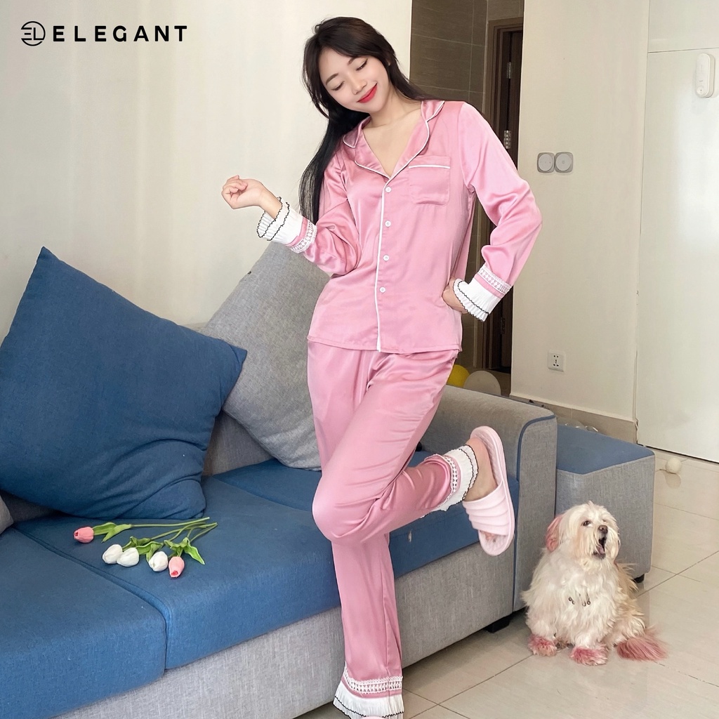 Bộ Ngủ Dài tay, Bộ Ngủ Lụa Cao Cấp ELEGANT - Bộ Đồ Ngủ Nữ Mặc Nhà Dài Tay Kiểu Dáng Ngọt Ngào EL2201