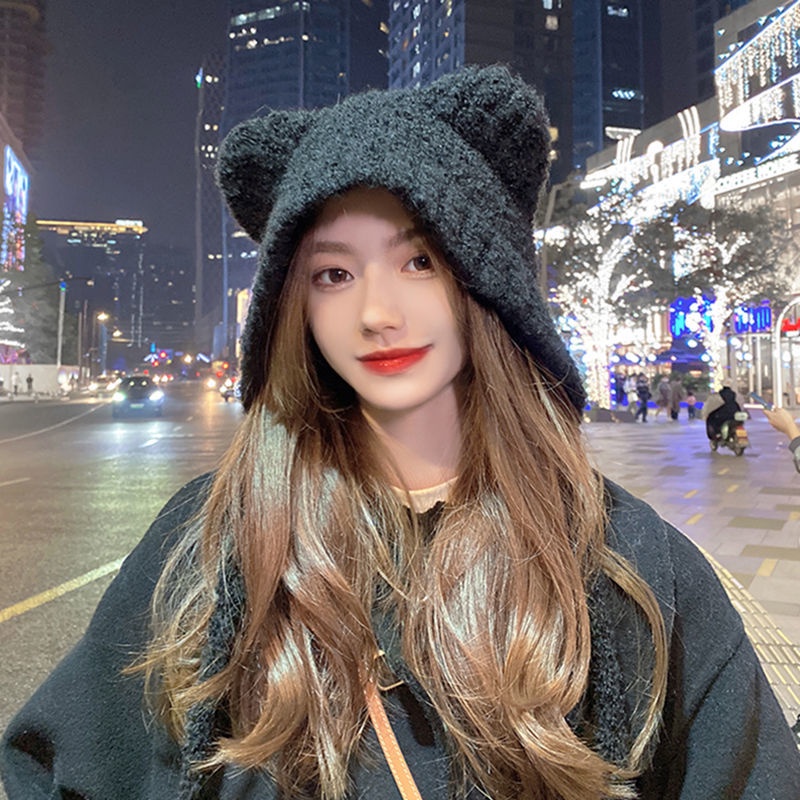 Mũ Len Dệt Kim Dày Dặn Giữ Ấm Tai Hình Gấu Dễ Thương Phong Cách Hàn Quốc Cho Nữ