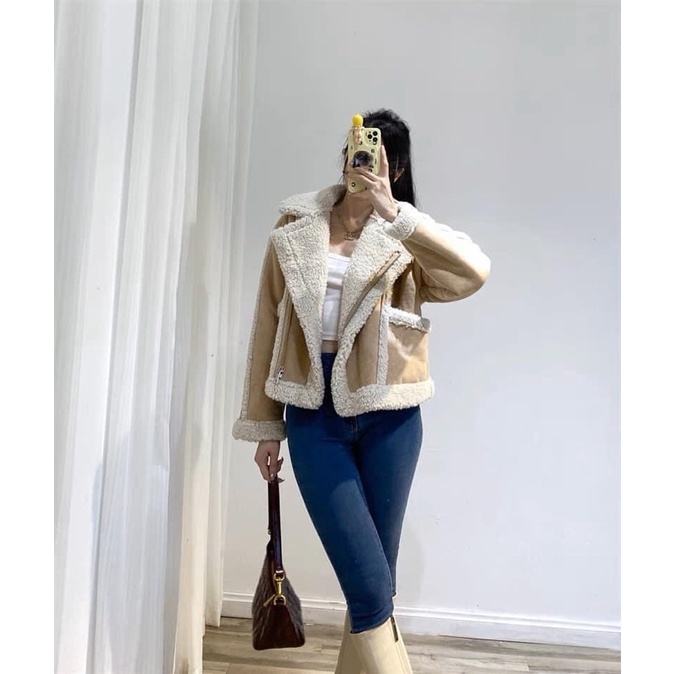 Áo da lộn viền lông ZR màu hồng