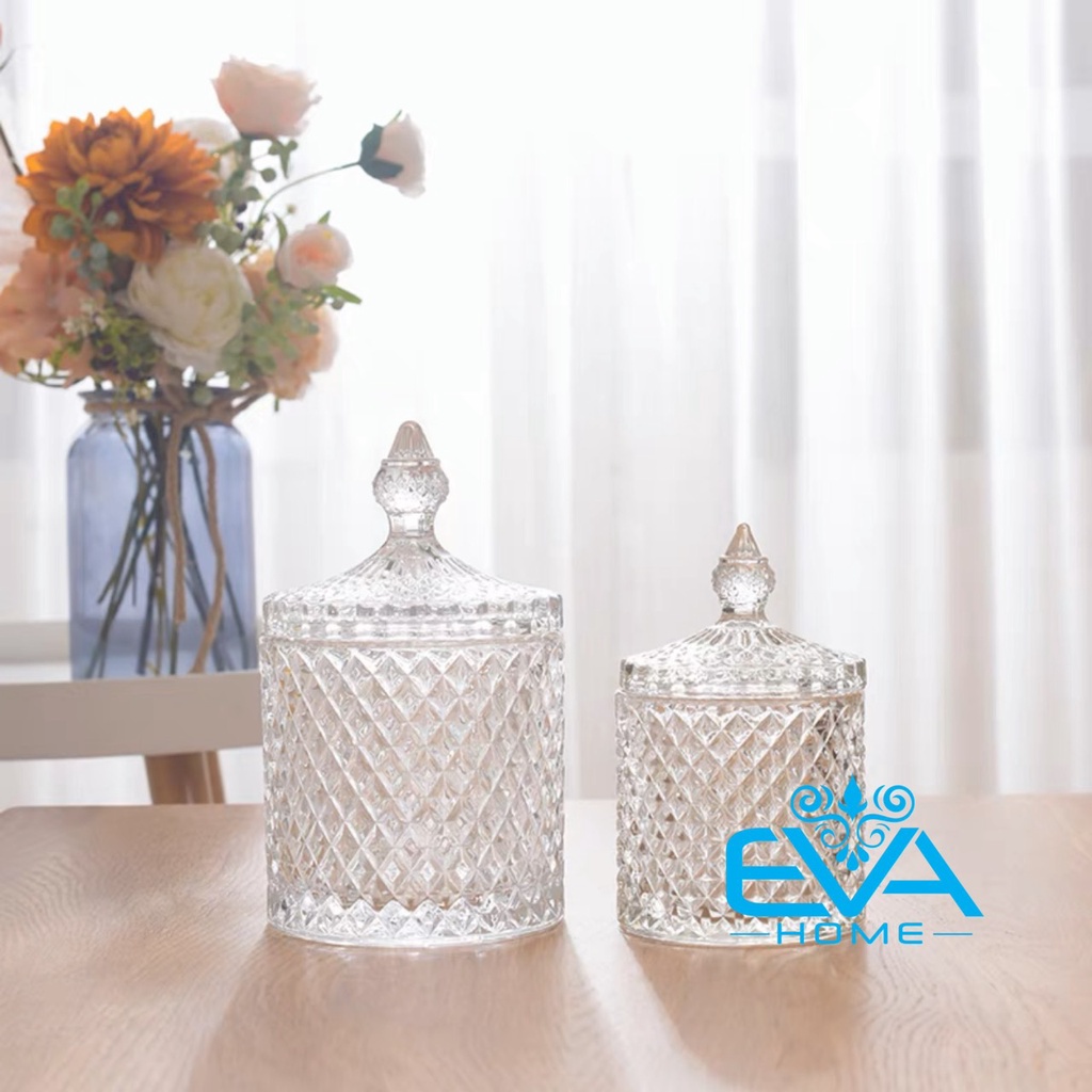 Set 2 Thố Mứt Thuỷ Tinh Pha Lê Delisoga Hoạ Tiết Kim Cương Lớn Nhỏ / Thố Bi Lớn Nhỏ 2 Size Crystal Diamond Jar TG1030