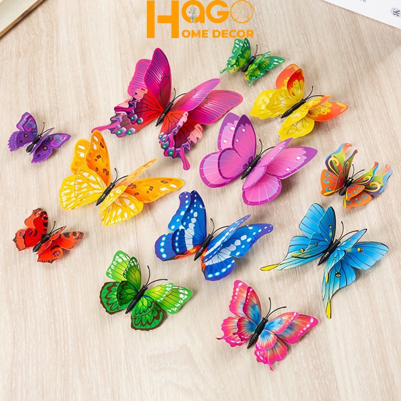 Combo 12 cánh bướm nam châm 5D cánh kép trang trí, decor, dán phòng siêu xinh