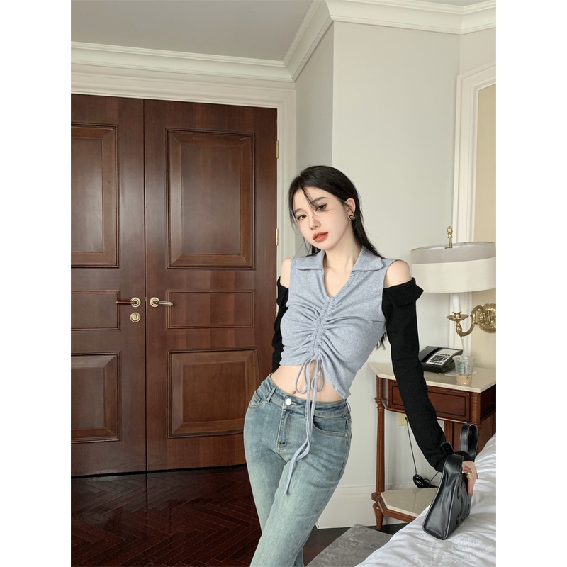 Áo kiểu ZHELIHANGFEI trễ vai tay dài phối dây rút phong cách retro