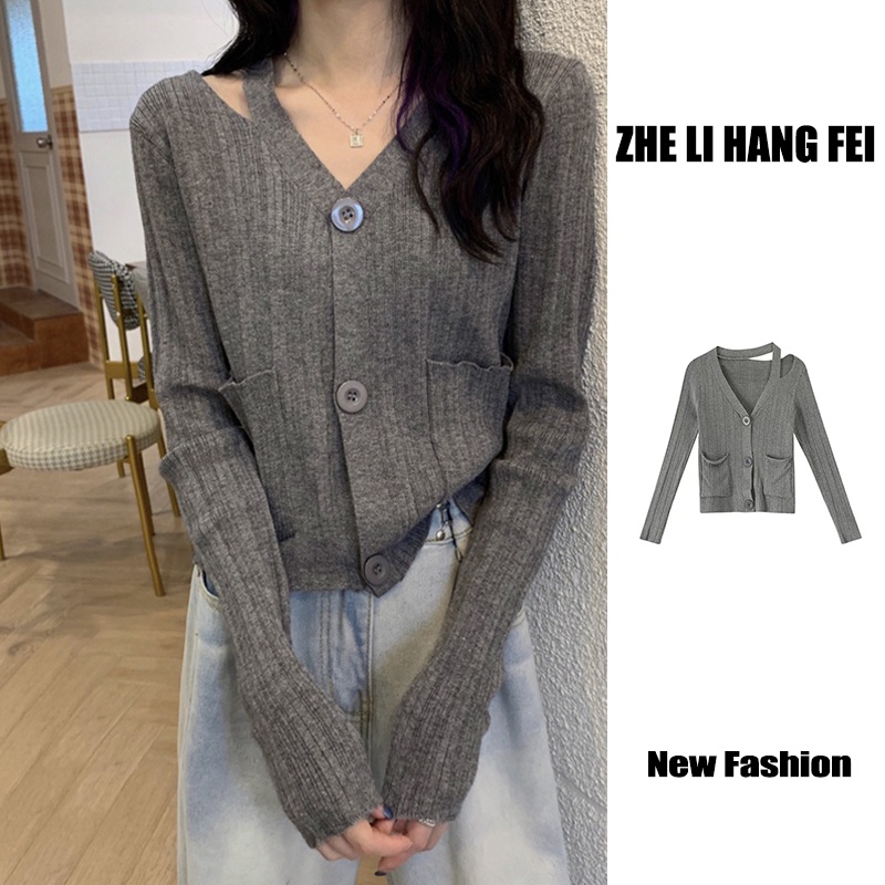 Áo cardigan ZHELIHANGFEI dệt kim tay dài cổ chữ V lưng cao phong cách phương Tây