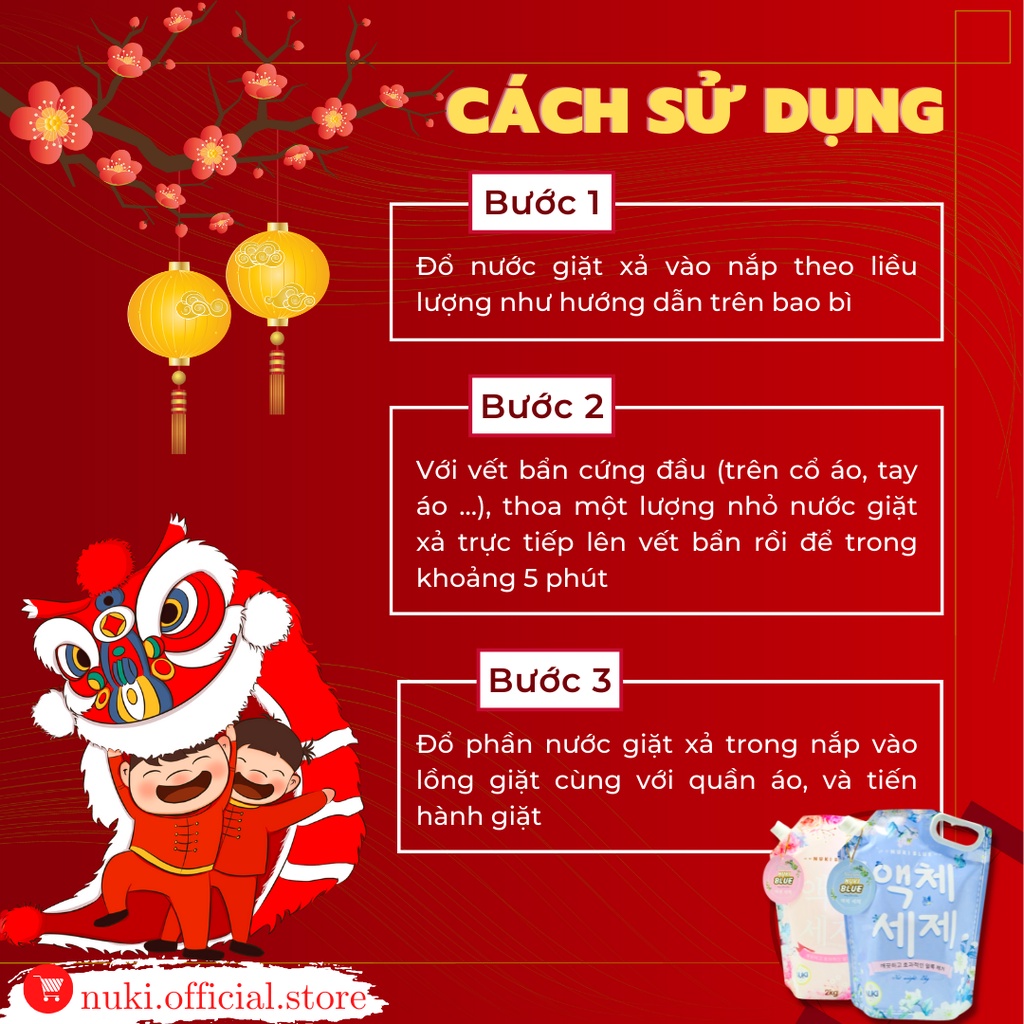Túi Nước Giặt Xả Hàn Quốc Nuki Blue 2kg Lưu Hương Đậm Sâu, Làm Mềm Vải Giữ Màu Quần Áo và Không Gây Kích Ứng Da