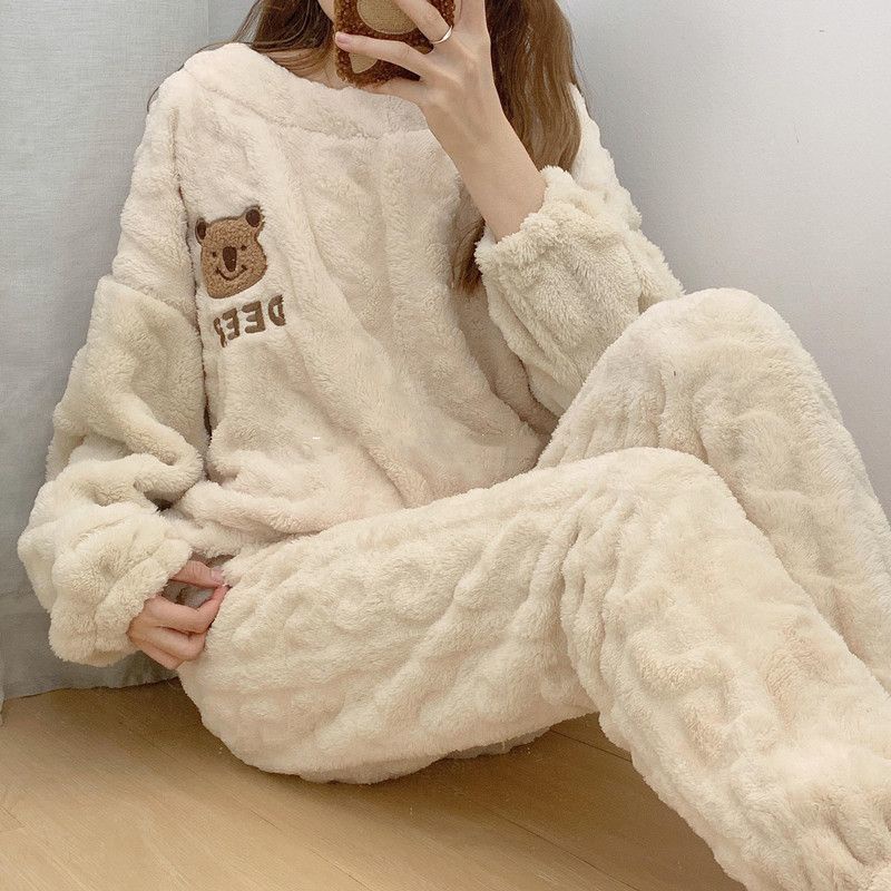 Đồ ngủ nhung san hô nữ thu đông lót nhung dễ thương