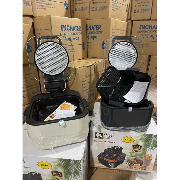 Nồi chiên không dầu CAMEL 12L có nắp kính sẵn 2 màu Ghi và Trắng sản phẩm được BH 12 tháng