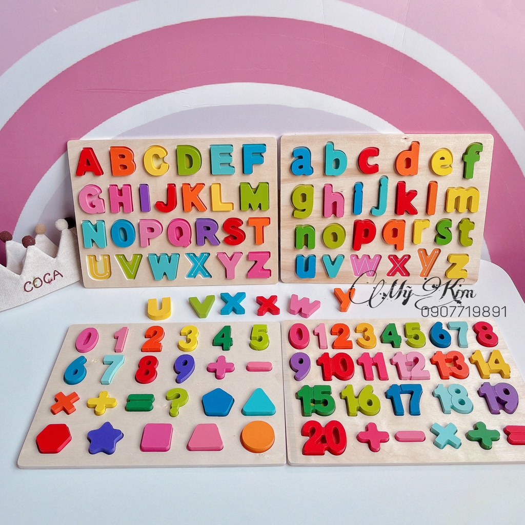 Bảng Ghép Hình Gỗ Bảng Chữ Cái, Số Đếm - Giáo Cụ Montessori - Đồ Chơi Thông Minh Cho Bé