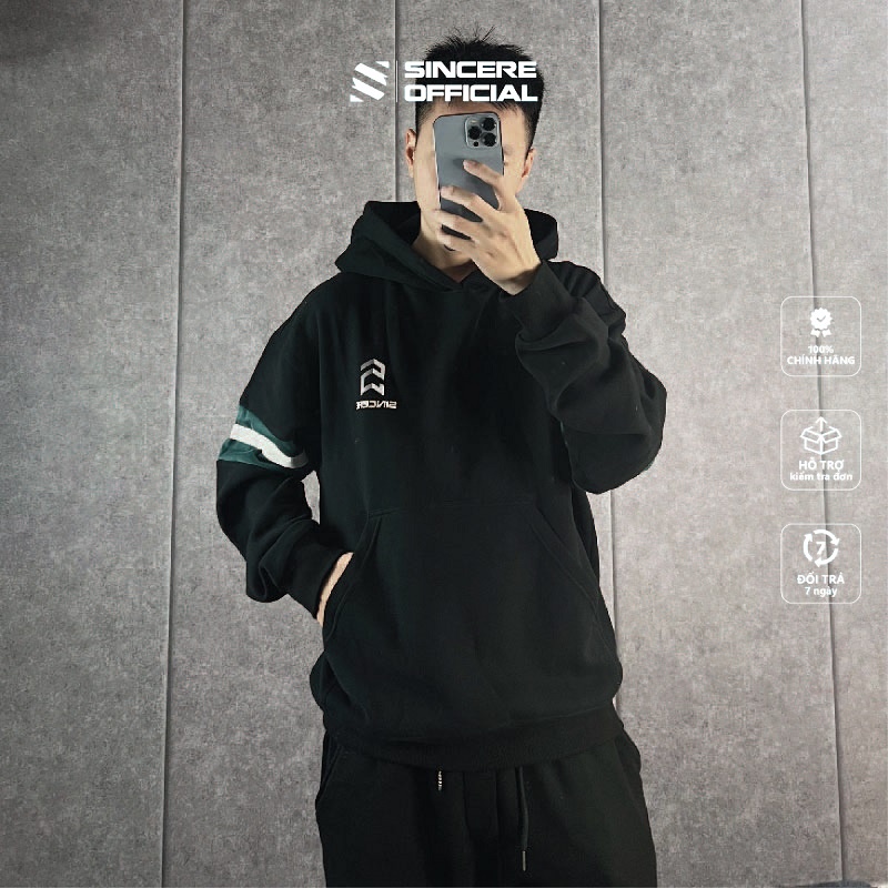Áo Khoác Hoodie Nam Nữ Sincere Áo Nỉ Có Mũ Đen Nỉ Bông Form Rộng Phối Sọc Tay Và Logo HDS-0226
