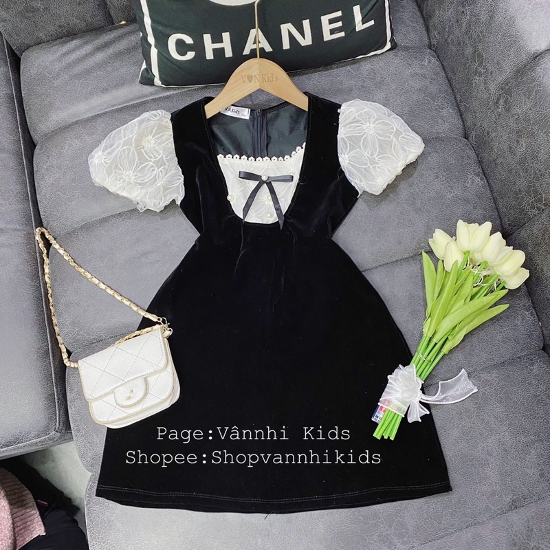 Váy Nhung Phối Zen Tiểu Thư Đinh Ngọc Cho Bé 16kg-41kg