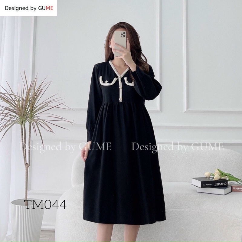 Váy Bầu Chất Nhung Tăm-cổ v,dáng tiểu thư -phong cách Hàn Quốc siêu xinh-phù hợp mặc thu đông -freesize 43-68kg