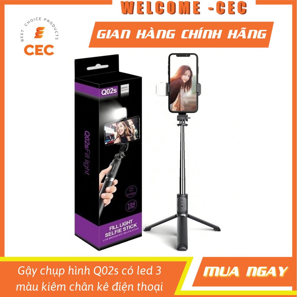 Gậy chụp ảnh Bluetooth có đèn led và 3 chân kê, chụp hình sefie điều khiển từ xa xoay nhiều góc độ Q02S [CEC Store]