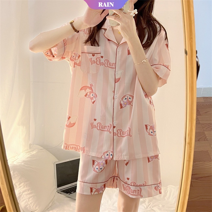 Bộ Đồ Ngủ Hai Mảnh Áo Cardigan Tay Ngắn In Họa Tiết Hoạt Hình Dễ Thương Thời Trang Mùa Hè Cho Nữ [RAIN]