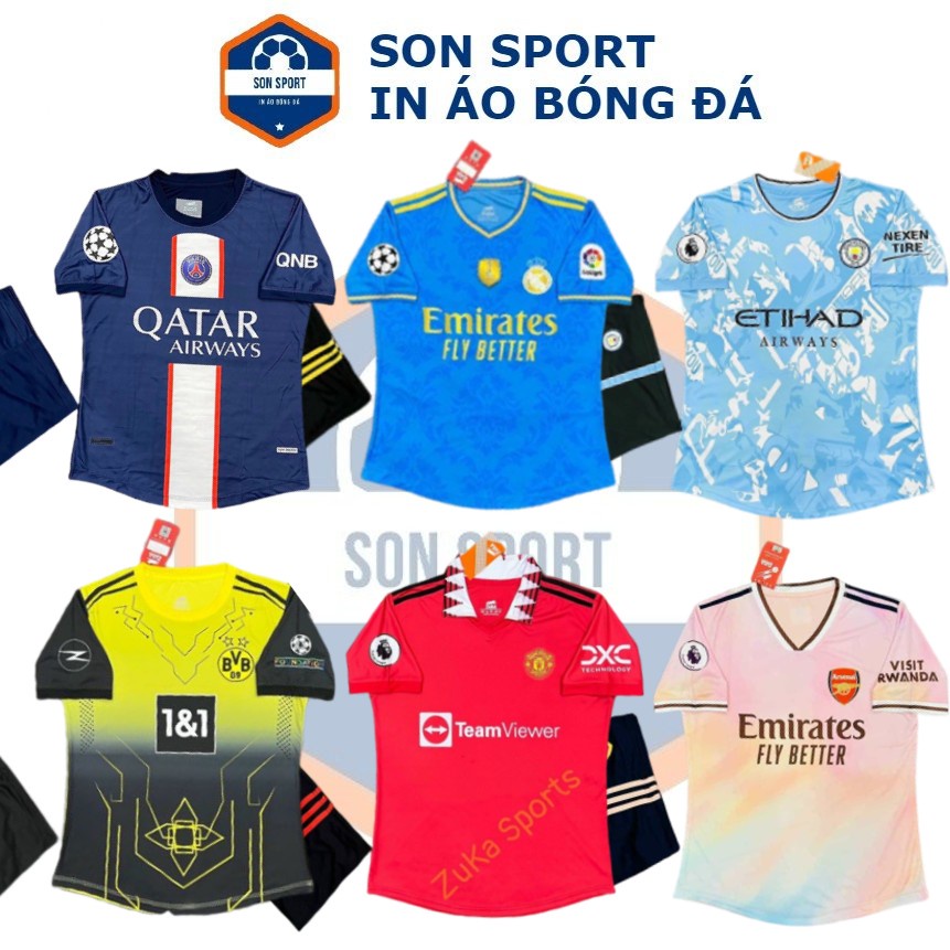 Bộ Quần Áo Bóng Đá Trẻ Em Thun Thái CLB PSG, Real Madrid, MU, Dortmund, Mancity, Arsenal