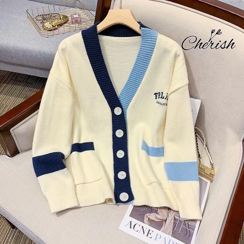 Áo Khoác Cardigan Thêu Chữ Phối 2 Màu Áo Cadigan Len Nữ dày dặn CHERISH-CD08