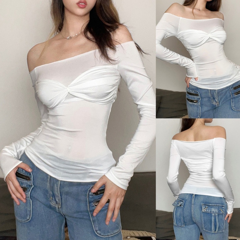 Áo Thun Croptop Tay Dài Trễ Vai Màu Sắc Đơn Giản Quyến Rũ Cho Nữ