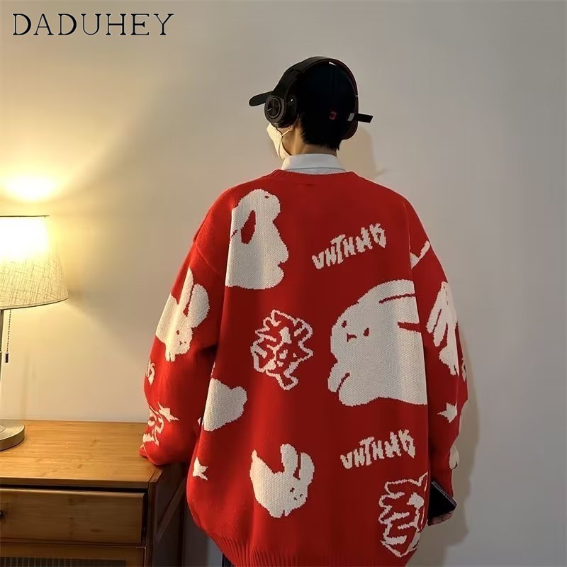 DaDuHey Men 'S And Women 'S Chinese Red Festive Bunny Couple Style Casual Sweater New Rabbit Jacquard Sweater