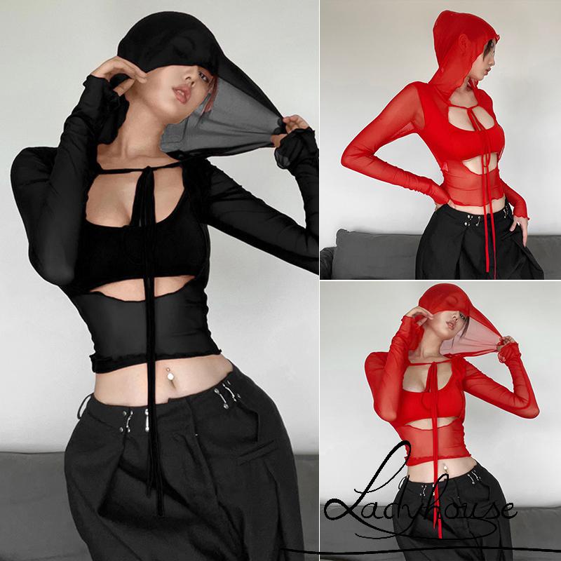 Áo Thun Crop Top Tay Dài Phối Lưới Màu Trơn Phong Cách Đường Phố Cho Nữ