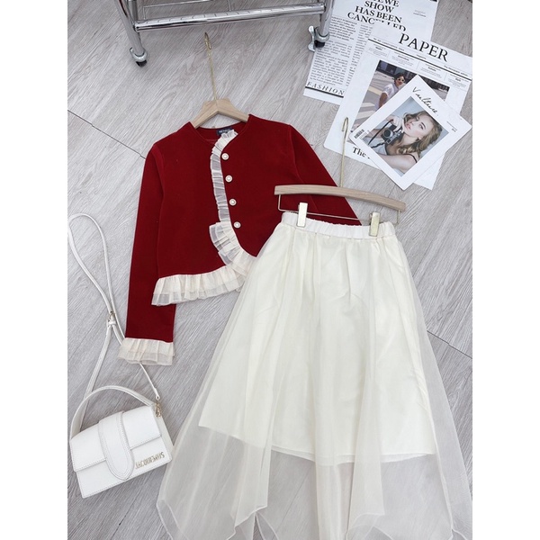 Set Áo Nhung Bèo Phối Chân Váy Dài Xoè
