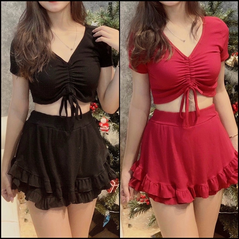 SET ÁO TAY NGẮN DÂY RÚT NGỰC KÈM QUẦN PHỐI VIỀN BÈO GIẢ VÁY DÁNG NGẮN