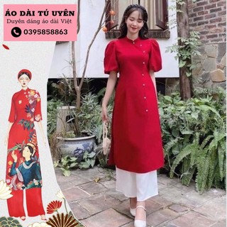 Set áo dài nữ đỏ đính hạt, bộ áo dài cách tân nữ chất text nhung tay phồng size 40-70kg