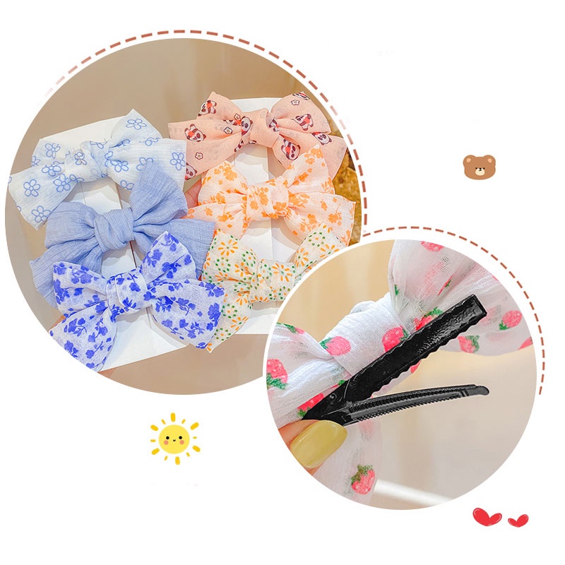 Set 3 Kẹp Tóc Nơ Vải Gạc In Họa Tiết Hoa Bướm Phong Cách Mới Ngọt Ngào