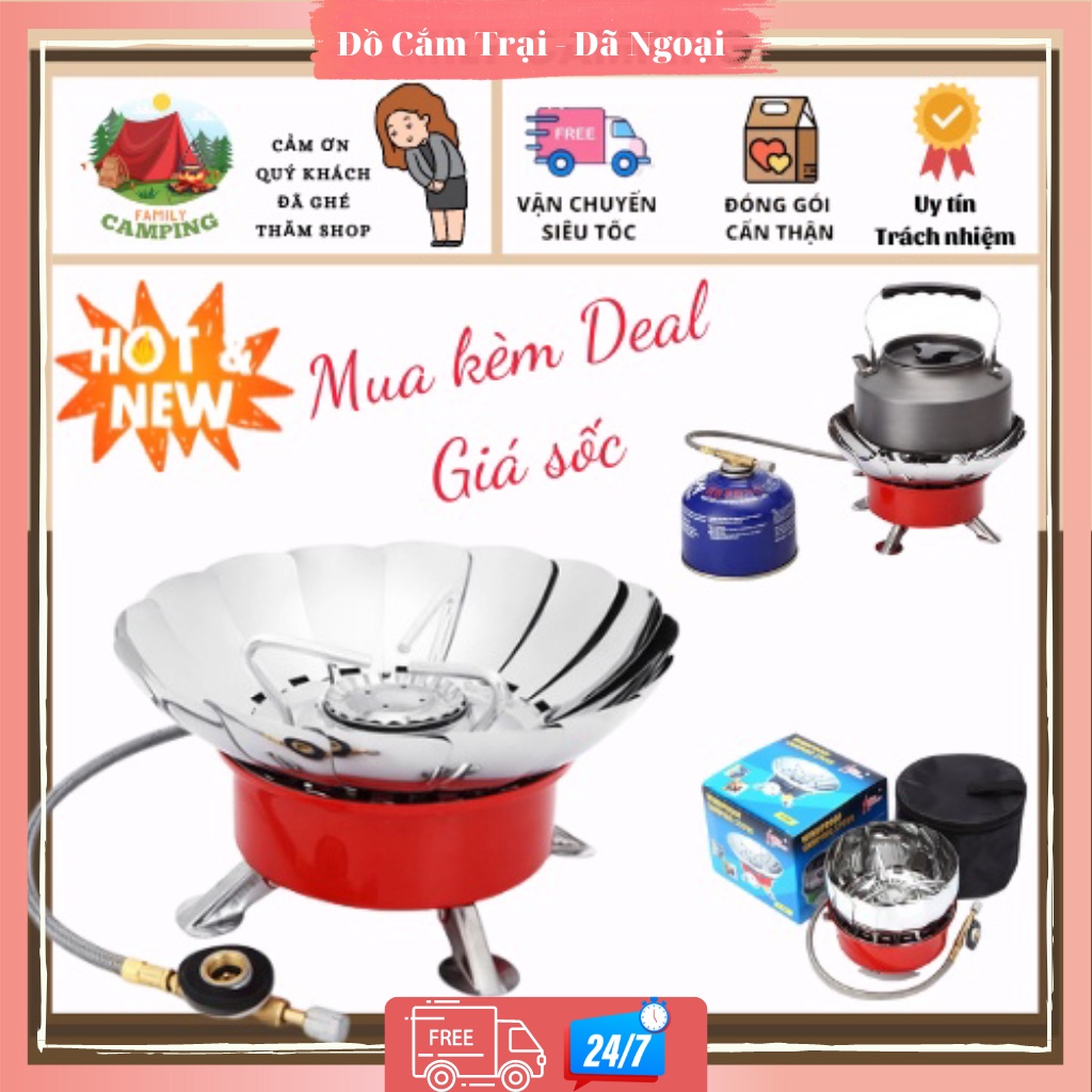 Bếp gas mini chống gió gấp gọn kiểu dáng hoa sen, bếp nấu ăn siêu tiện dụng du lịch, bếp cắm trại hãng AoTu