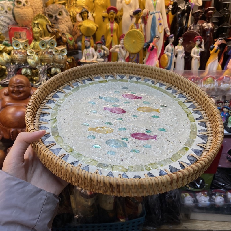 khay gốm tre đan khảm trai