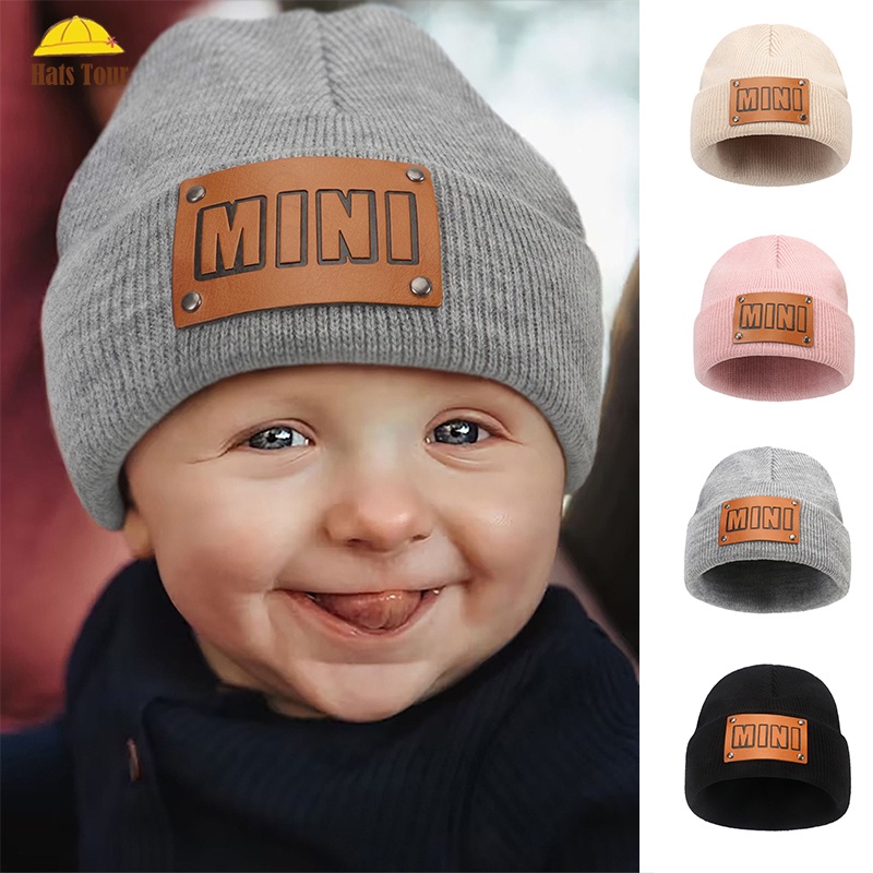 Mũ Beanie Dệt Kim Màu Trơn Giữ Ấm Mùa Thu Đông Phối Nhãn Da In Chữ Hàn Quốc Cho Bé Gái Sơ Sinh