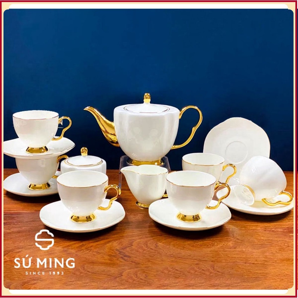 Bộ ấm chén sứ uống trà màu trắng viền vàng cao cấp, sang trọng,  hàng decor cao cấp