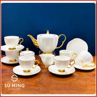 Bộ ấm chén sứ uống trà màu trắng viền vàng cao cấp, sang trọng, hàng decor cao cấp