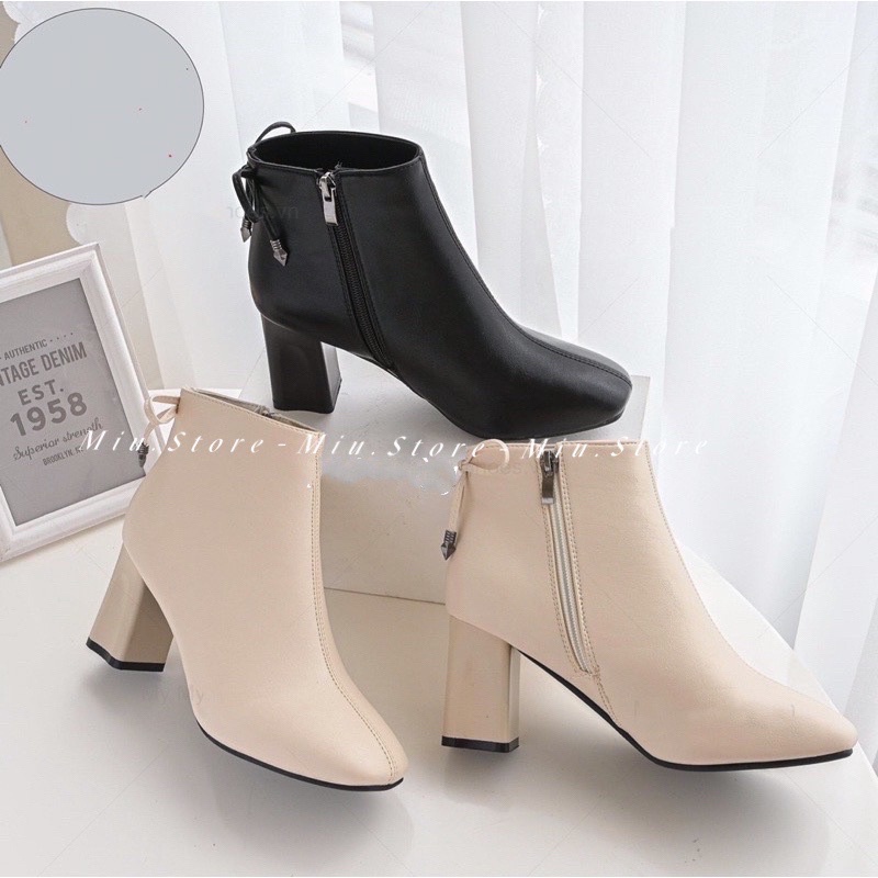 Bốt cao cổ da lì khoá cạnh gót vuông 7P, giày boot nữ bên trong lót lông siêm êm ấm kiểu dáng trẻ trung dễ phối đồ nữ