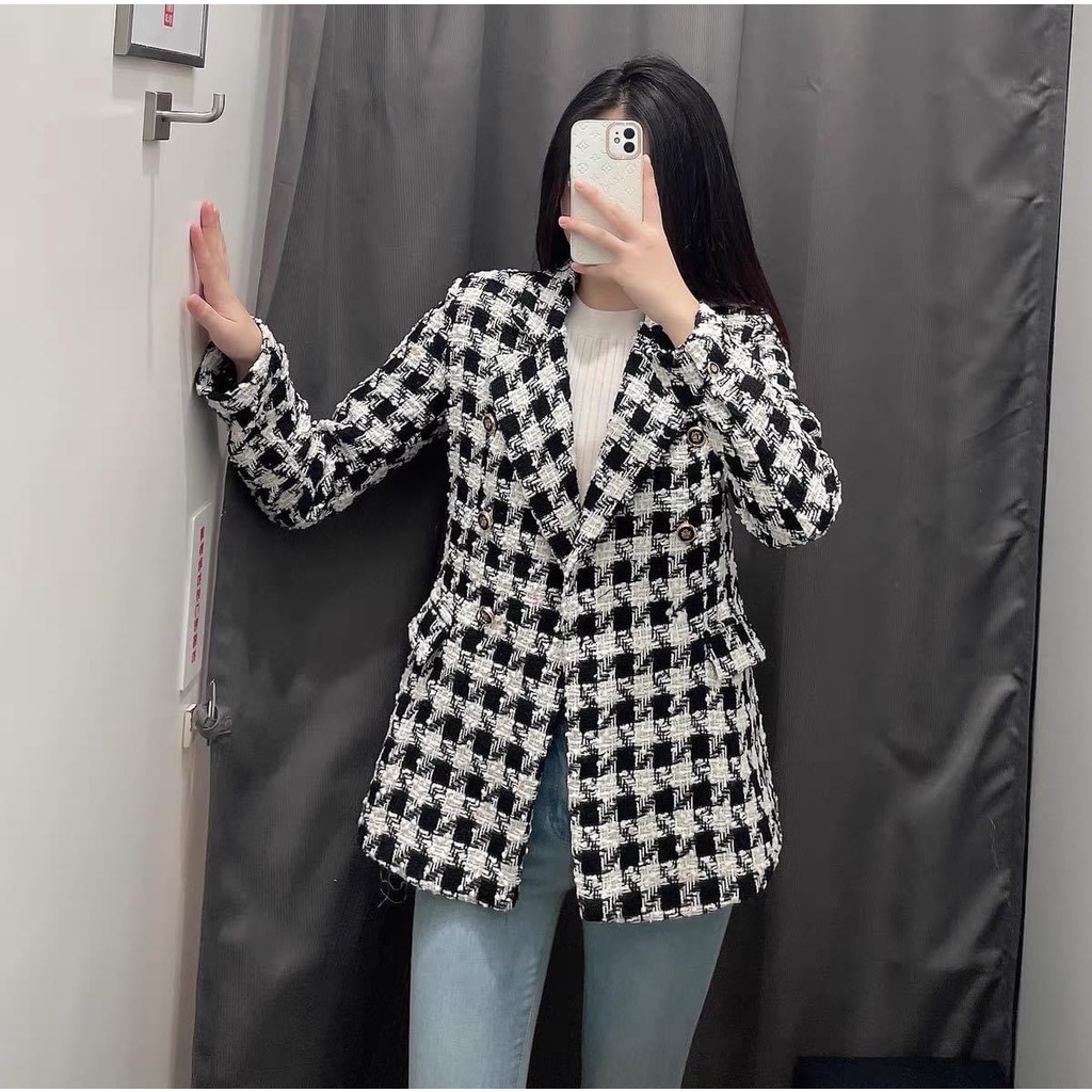 Áo khoác dạ tweed nữ dài tay Zara tuồn, Áo kiểu dáng blazer túi nắp họa tiết kẻ caro sang chảnh MEI YING OFFICIAL