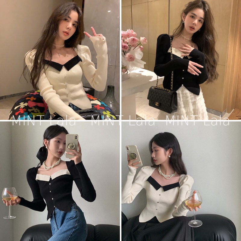 Áo Len Dệt Kim Tay Dài Vai Bồng Xẻ Vạt Gợi Cảm Loại Đẹp - MINT Lala