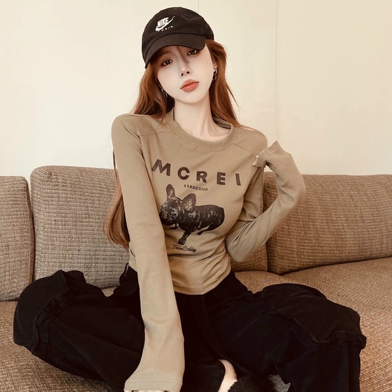 ÁO CROPTOP TAY DÀI IN CHÓ MẶT XỆ BG