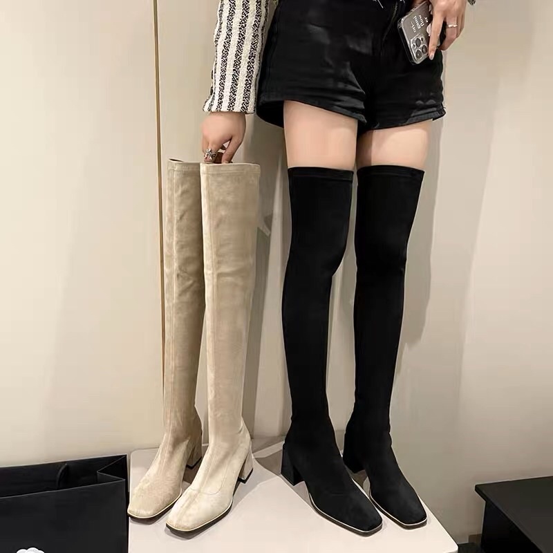 Boots đùi nữ da lộn lót lông mũi vuông gót cao 6cm không khoá