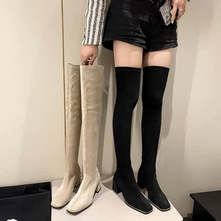 Bốt đùi nữ da lộn lót lông mũi vuông gót cao 6cm không khoá