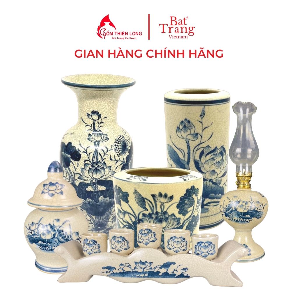 Bộ đồ thờ men rạn vẽ hoa sen gốm sứ Bát Tràng chính hãng gốm Thiên Long 236990
