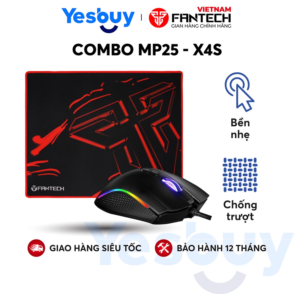 Combo FANTECH Chuột X4s TITAN + Lót Chuột MP25/MP292/MP22 - Hàng Phân Phối Chính Hãng - Bảo Hành 12 Tháng