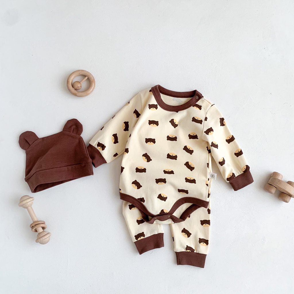 Bộ Áo Liền Quần &amp; Quần Legging &amp; Mũ Trùm Đầu In Hình Gấu Cho Bé Trai &amp; Gái Sơ Sinh