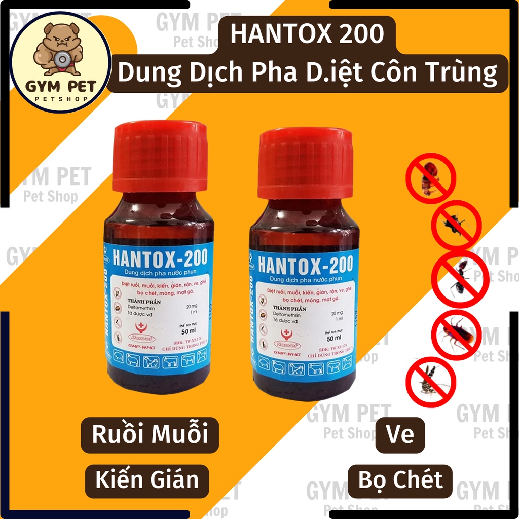 Dung dịch pha nước phun HANTOX-200 Chai 50ml Sx tại VN, Diệt ruồi, muỗi, kiến, gián, rận, ve, ghẻ, bọ chét, mòng, mạt gà