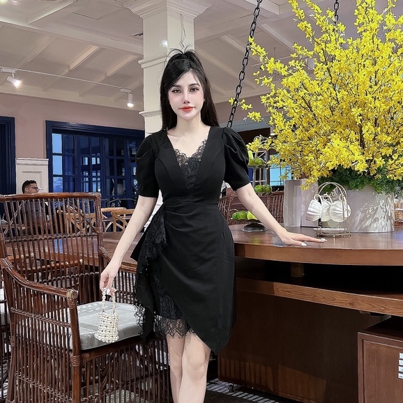 Đầm dự tiệc nữ màu đen váy xòe phối ren sang trọng VNT04