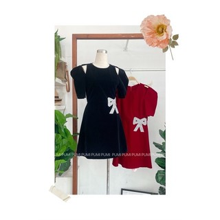 Đầm nhung khoét vai đính nơ kim sa tay bồng ngắn dáng xoè 2 màu freesize Pumi