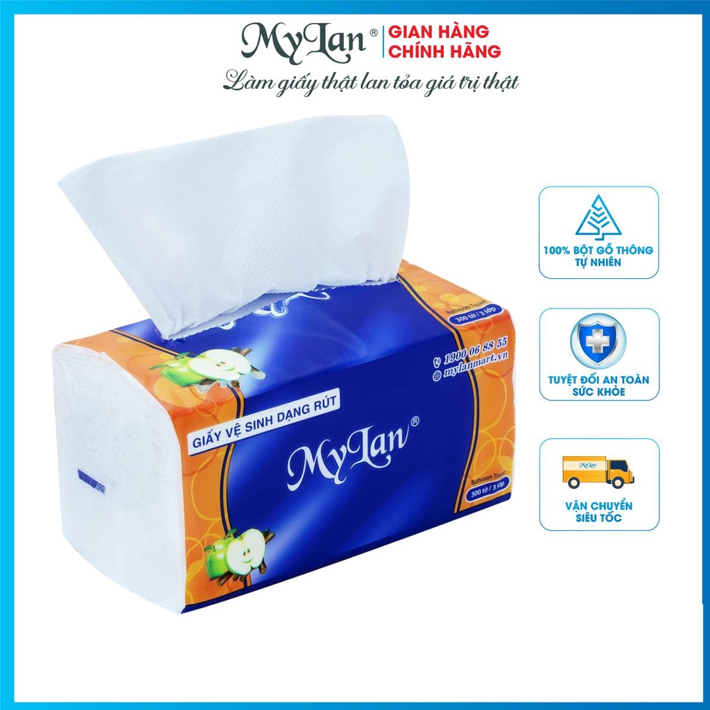 THÙNG 20 gói, Giấy Vệ Sinh cao cấp Mylan Táo xanh 3 lớp, 100 tờ/gói