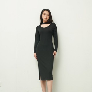 Đầm thun tăm dài tay cổ choker cao cấp màu đen - MAIIMER