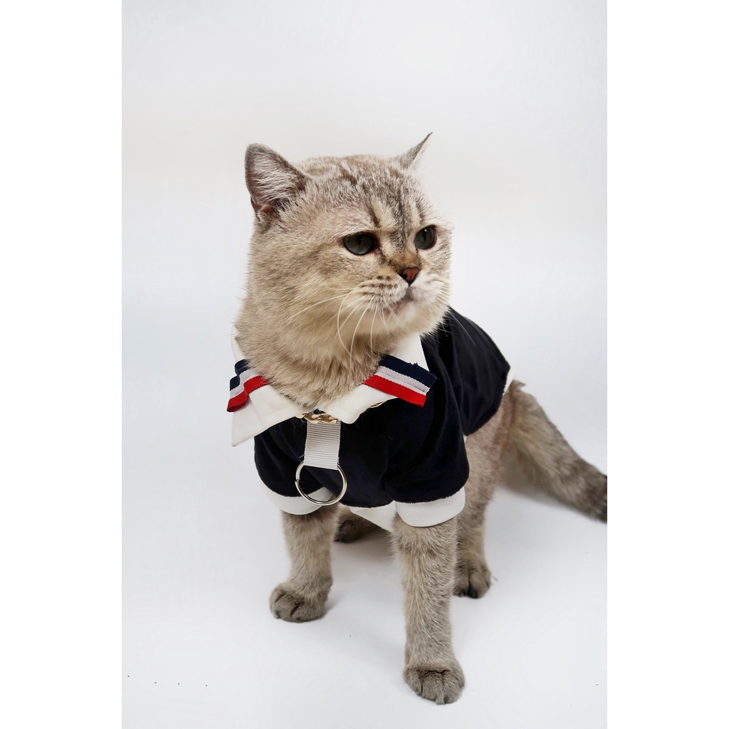 Quần áo chó mèo Áo sơ mi trắng họa tiết 3 sọc kèm ghile đen đính liền phong cách thanh lịch quý phái