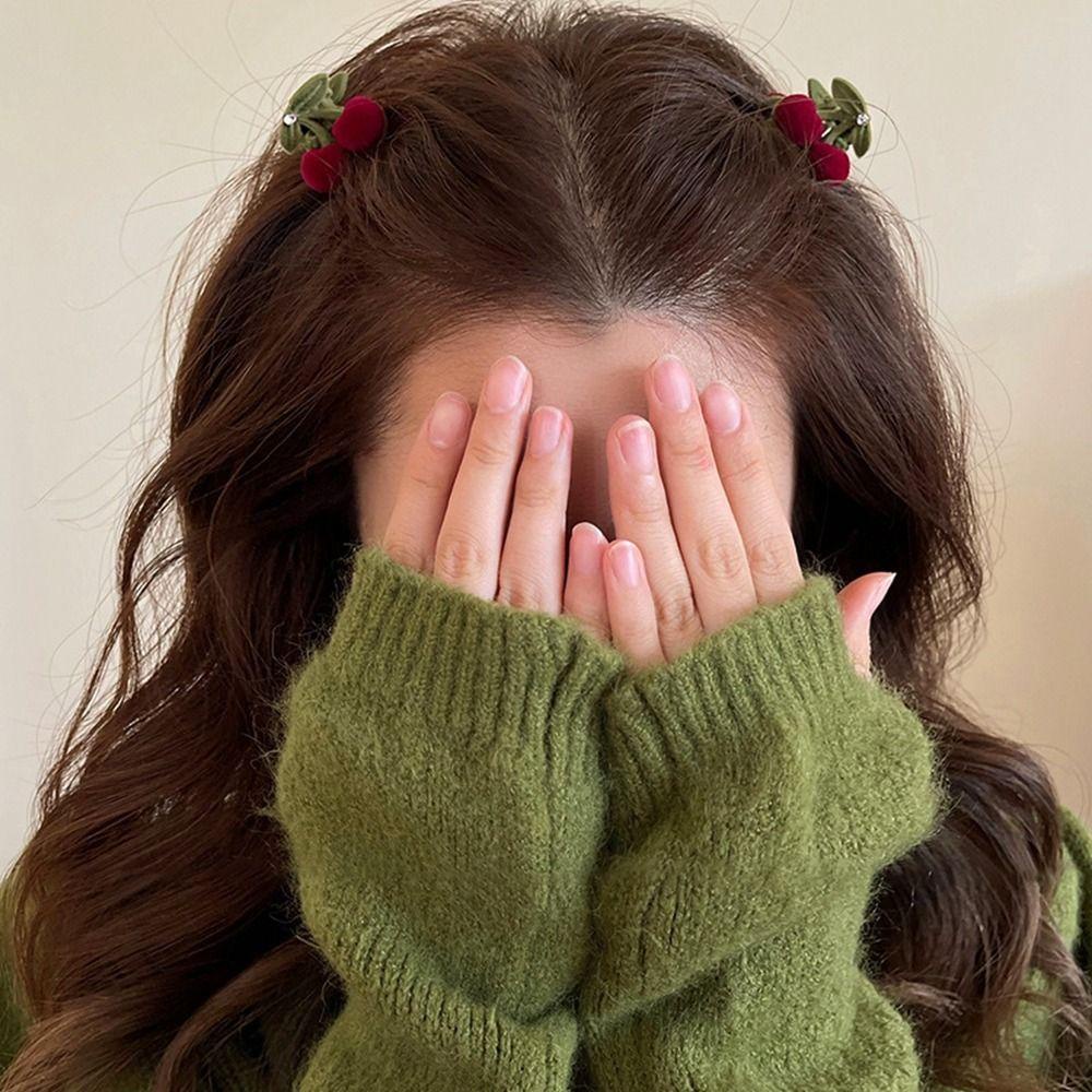 Kẹp Tóc Hình Quả Cherry Dễ Thương Phong Cách Retro|Dây Buộc Tóc Màu Xanh Lá Cây Thời Trang Cho Nữ