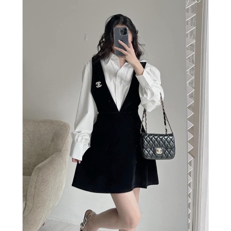 set váy yếm nhung cài mác ngực + sơ mi sang trọng mặc dự tiệc, đám cưới, kỷ yếu