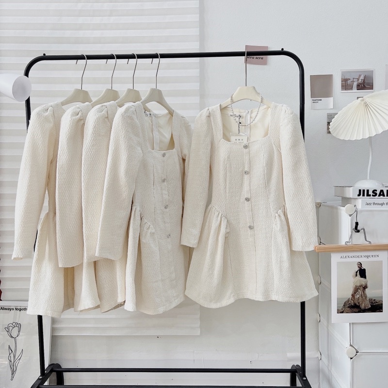 Váy trắng dạ tweed tay dài đính cúc đá hoa  hình thật, Đầm dạ tweed sang chảnh đi tiệc màu trắng