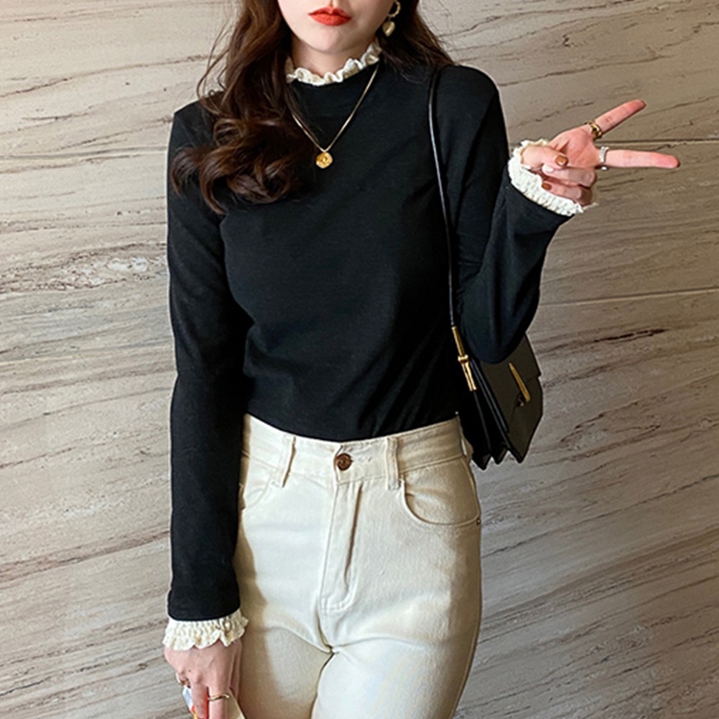 Áo kiểu SUXI vải lông cừu tay dài cổ cao ấm áp thời trang thu đông xinh xắn dành cho nữ