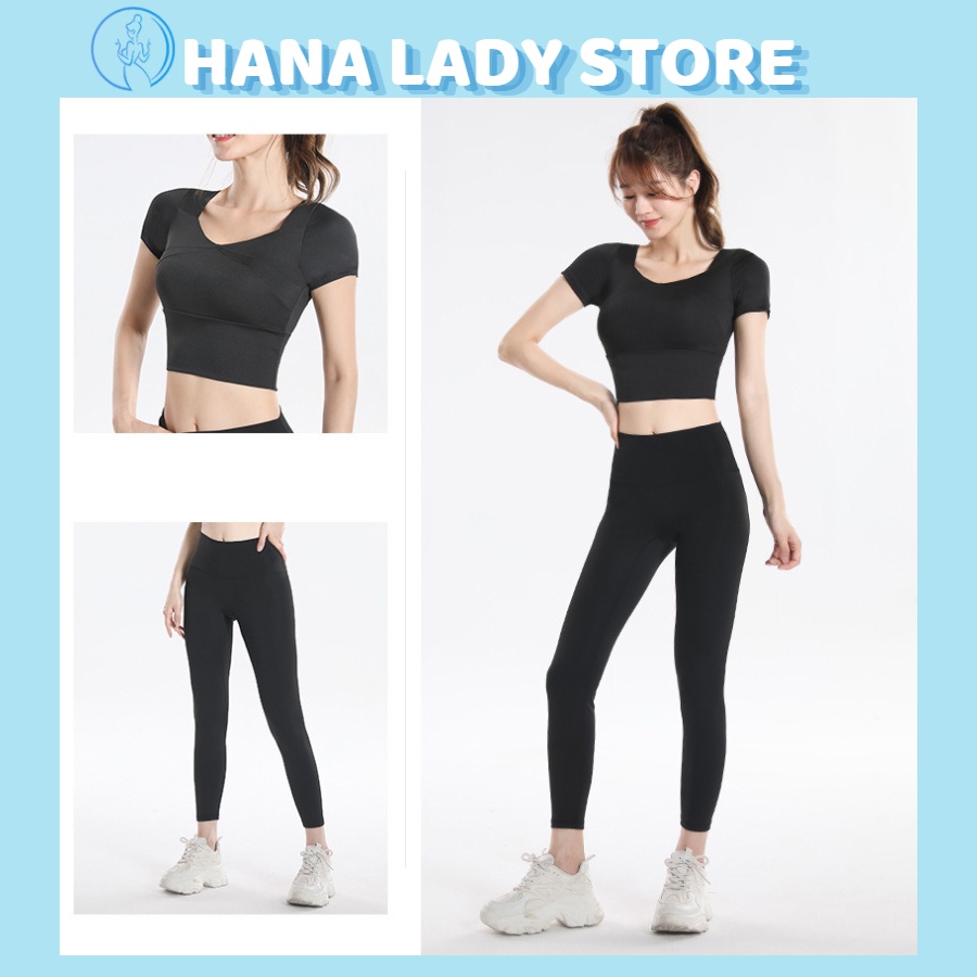 Set đồ tập gym, yoga nữ - áo bra thể thao croptop có tay, quần lưng cao, kèm mút nâng ngực tiền dụng BTG01